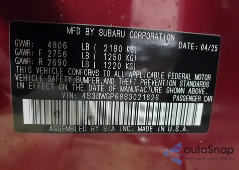 2025 Subaru Legacy Touring Xt z USA, uszkodzony, nr VIN 4S3BWGP68S3021626